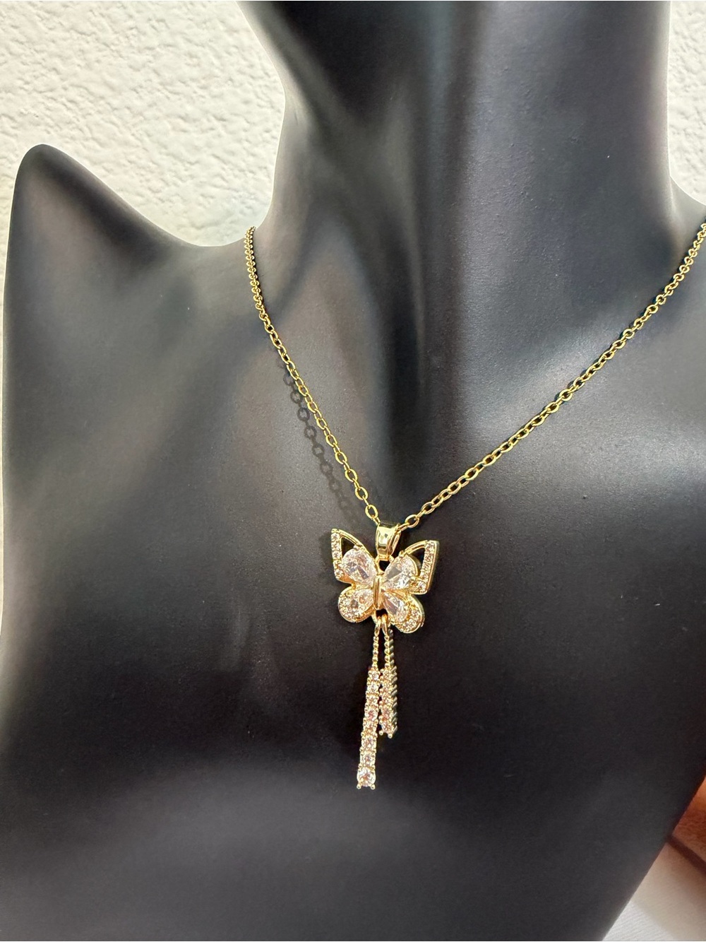 Gold Butterfly Pendant Necklace with Crystal Tassels